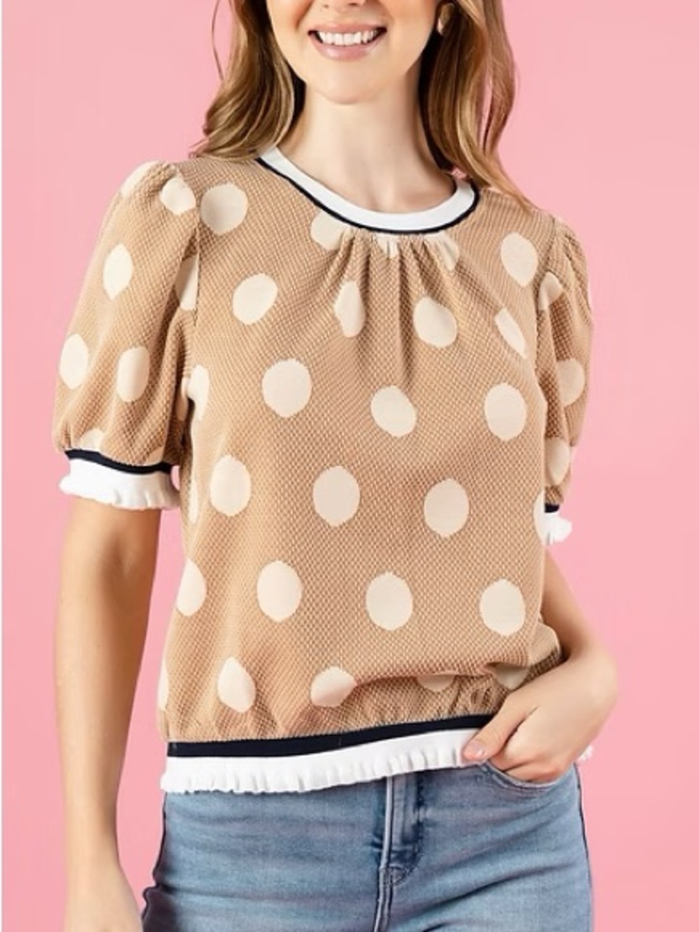 Voy Polka Dot Puff Sleeve Top Beige Womens Size Small